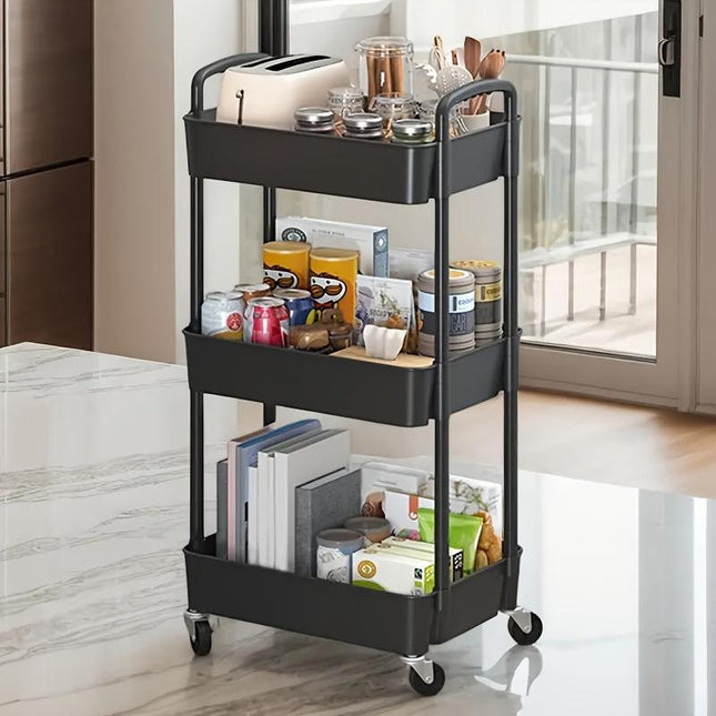 Five-Tier Rolling Cosmetics Storage Rack - Made of durable plastic, equipped with 360-degree swivel casters, strong load-bearing capacity - Suitable for bathroom, bedroom, kitchen, and home storage | black.