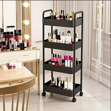 Five-Tier Rolling Cosmetics Storage Rack - Made of durable plastic, equipped with 360-degree swivel casters, strong load-bearing capacity - Suitable for bathroom, bedroom, kitchen, and home storage | black.