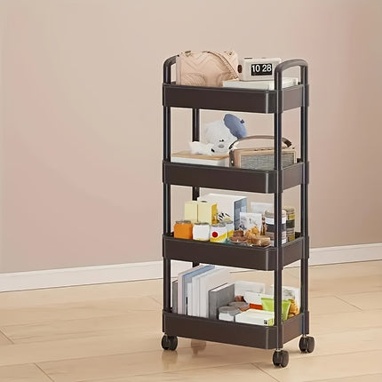 Four-Tier Rolling Cosmetics Storage Rack - Made of durable plastic, equipped with 360-degree swivel casters, strong load-bearing capacity - Suitable for bathroom, bedroom, kitchen, and home storage | BLACK.