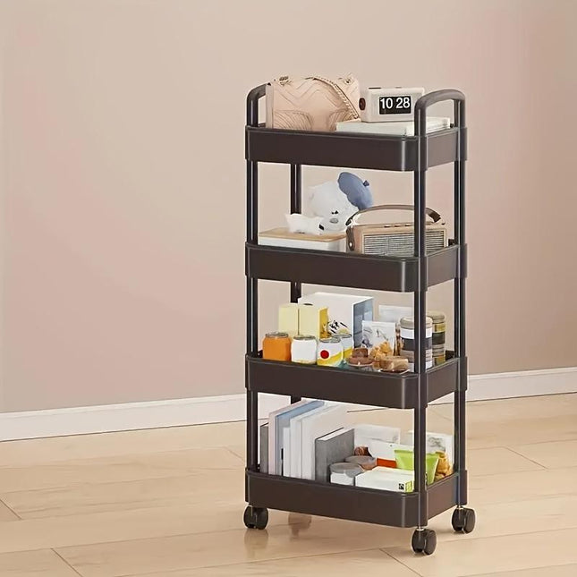 Four-Tier Rolling Cosmetics Storage Rack - Made of durable plastic, equipped with 360-degree swivel casters, strong load-bearing capacity - Suitable for bathroom, bedroom, kitchen, and home storage | BLACK.