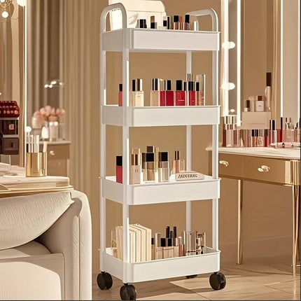 Four-Tier Rolling Cosmetics Storage Rack - Made of durable plastic, equipped with 360-degree swivel casters, strong load-bearing capacity - Suitable for bathroom, bedroom, kitchen, and home storage | BLACK.