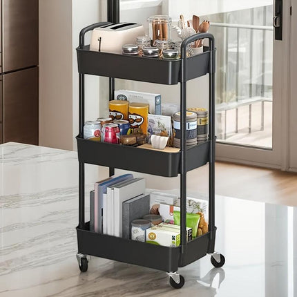 Four-Tier Rolling Cosmetics Storage Rack - Made of durable plastic, equipped with 360-degree swivel casters, strong load-bearing capacity - Suitable for bathroom, bedroom, kitchen, and home storage | BLACK.