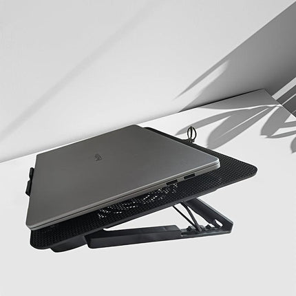 **Fully Compatible Laptop Stand｜Dual-Fan Cooling + Ergonomic Angle Adjustment, All-in-One Portable Design for Work, Gaming, and Entertainment**.