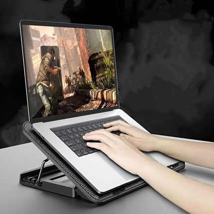 **Fully Compatible Laptop Stand｜Dual-Fan Cooling + Ergonomic Angle Adjustment, All-in-One Portable Design for Work, Gaming, and Entertainment**.