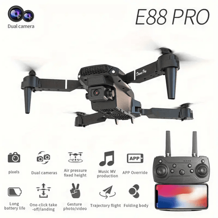 **E88 PRO All-in-One Gesture-Controlled Aerial Drone | Dual Adjustable HD Cameras + 3-Speed Wind Resistance + Touch-Free Operation, Smart Tracking with One-Click Editing, Perfect for Beginners and Outdoor Creativity**.