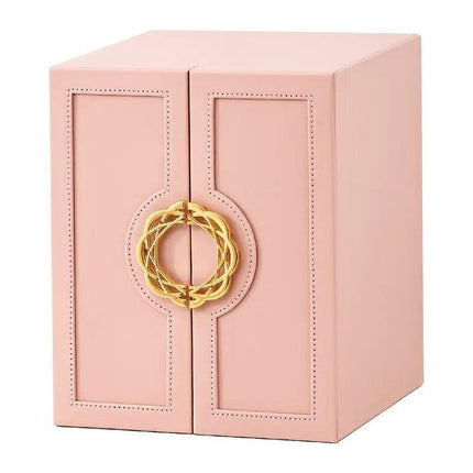 Blue  1 Large Faux Leather Jewelry Storage Box with 5 Drawers and Gold Handles - An elegant rectangular storage space for rings, necklaces, bracelets, earrings, and watches - Features soft fabric lining, side door design, textured surface finish - Luxury.