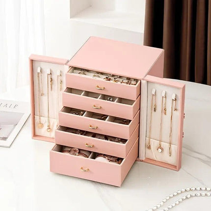 Blue  1 Large Faux Leather Jewelry Storage Box with 5 Drawers and Gold Handles - An elegant rectangular storage space for rings, necklaces, bracelets, earrings, and watches - Features soft fabric lining, side door design, textured surface finish - Luxury.