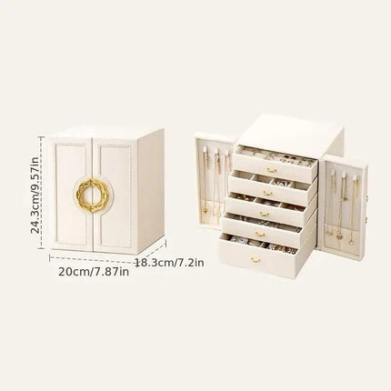 Blue  1 Large Faux Leather Jewelry Storage Box with 5 Drawers and Gold Handles - An elegant rectangular storage space for rings, necklaces, bracelets, earrings, and watches - Features soft fabric lining, side door design, textured surface finish - Luxury.