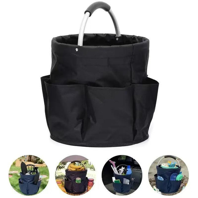Premium Black Gardening Storage Bag made of durable 600D Oxford cloth, features 6 deep side pockets for small hand tools, spray bottles, beverages, and more. Equipped with an aluminum alloy handle wrapped in EVA molding for enhanced comfort and longevity..
