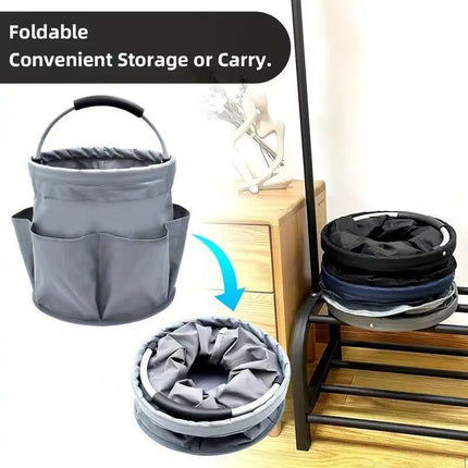 Premium Black Gardening Storage Bag made of durable 600D Oxford cloth, features 6 deep side pockets for small hand tools, spray bottles, beverages, and more. Equipped with an aluminum alloy handle wrapped in EVA molding for enhanced comfort and longevity..