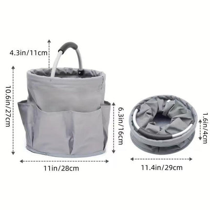 Premium Black Gardening Storage Bag made of durable 600D Oxford cloth, features 6 deep side pockets for small hand tools, spray bottles, beverages, and more. Equipped with an aluminum alloy handle wrapped in EVA molding for enhanced comfort and longevity..