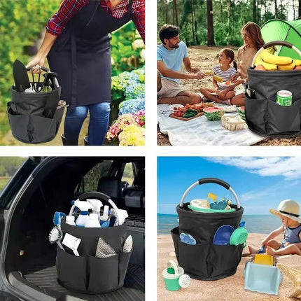 Premium Blue Gardening Storage Bag made of durable 600D Oxford cloth, features 6 deep side pockets for small hand tools, spray bottles, beverages, and more. Equipped with an aluminum alloy handle wrapped in EVA molding for enhanced comfort and longevity..