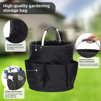 Premium Army green Gardening Storage Bag made of durable 600D Oxford cloth, features 6 deep side pockets for small hand tools, spray bottles, beverages, and more. Equipped with an aluminum alloy handle wrapped in EVA molding for enhanced comfort and longe.