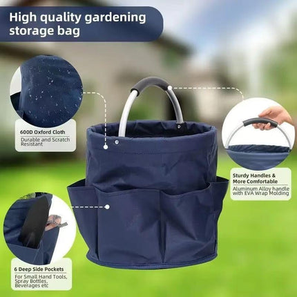 Premium Army green Gardening Storage Bag made of durable 600D Oxford cloth, features 6 deep side pockets for small hand tools, spray bottles, beverages, and more. Equipped with an aluminum alloy handle wrapped in EVA molding for enhanced comfort and longe.