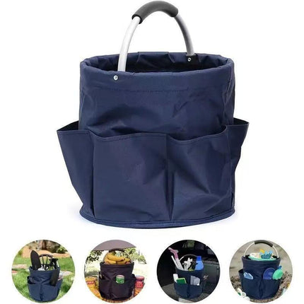 Premium Army green Gardening Storage Bag made of durable 600D Oxford cloth, features 6 deep side pockets for small hand tools, spray bottles, beverages, and more. Equipped with an aluminum alloy handle wrapped in EVA molding for enhanced comfort and longe.
