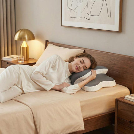 Side Sleeper Neck Pillow | Odor-Free, Light Beige Friendly Design, Comfortable Sleep Posture, Polyester Material, Hand Wash Only.
