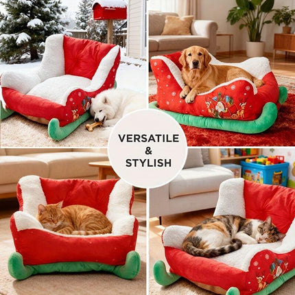 Christmas sled cat bed and dog house-winter warm pet bed, detachable and washable, without assembly, comfortable/outdoor pet sofa, suitable for cats and small dogs, snow house design..