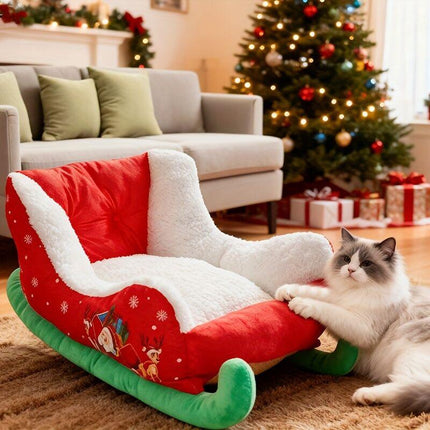 Christmas sled cat bed and dog house-winter warm pet bed, detachable and washable, without assembly, comfortable/outdoor pet sofa, suitable for cats and small dogs, snow house design..