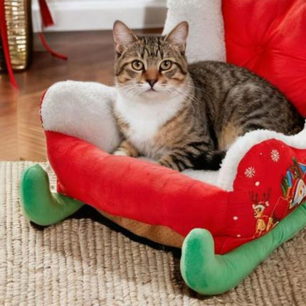 Christmas sled cat bed and dog house-winter warm pet bed, detachable and washable, without assembly, comfortable/outdoor pet sofa, suitable for cats and small dogs, snow house design..