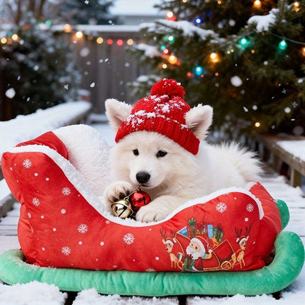 Christmas sled cat bed and dog house-winter warm pet bed, detachable and washable, without assembly, comfortable/outdoor pet sofa, suitable for cats and small dogs, snow house design..