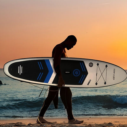 Inflatable vertical paddle set for water sports and surfing-including air pump, paddle, rope, backpack, fin box and maintenance tools..