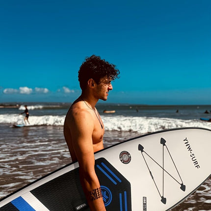 Inflatable vertical paddle set for water sports and surfing-including air pump, paddle, rope, backpack, fin box and maintenance tools..