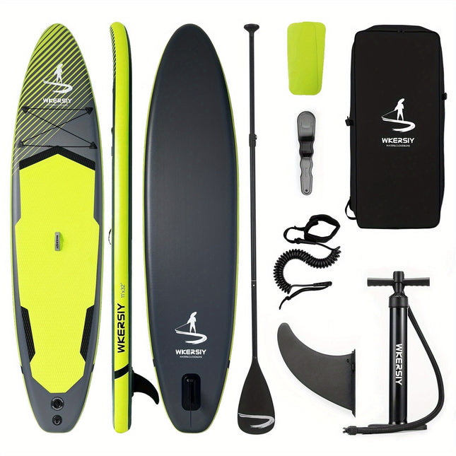 Inflatable vertical paddle set for water sports and surfing-including air pump, paddle, rope, backpack, fin box and maintenance tools..