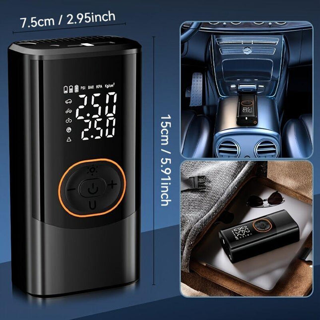 Portable air compressor for tires with digital pressure gauge, 150PSI rechargeable battery, LED light, wireless bicycle tire pump for cars, motorcycles, bicycles, etc., black.