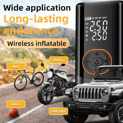 Portable air compressor for tires with digital pressure gauge, 150PSI rechargeable battery, LED light, wireless bicycle tire pump for cars, motorcycles, bicycles, etc., black.