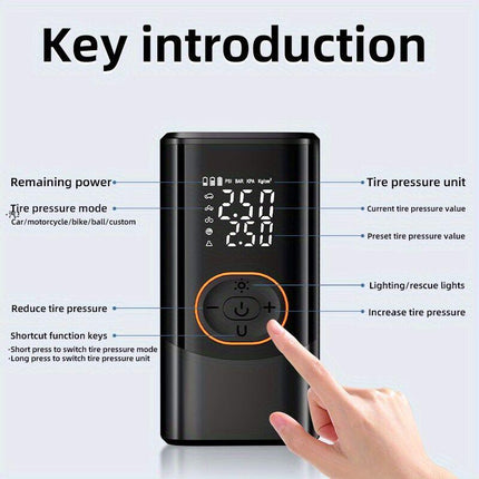 Portable air compressor for tires with digital pressure gauge, 150PSI rechargeable battery, LED light, wireless bicycle tire pump for cars, motorcycles, bicycles, etc., black.