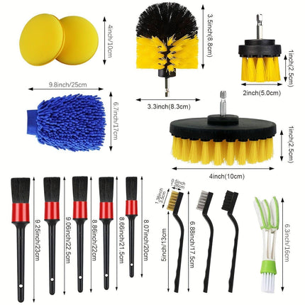 26-piece full function car detailing kit with drill brush and wheel cleaner - Heavy-duty manual and drill-powered cleaning set, color-coded brushes for paint restoration, glass, metal, plastic surfaces - Car washing, polishing, protection - Suitable for h.