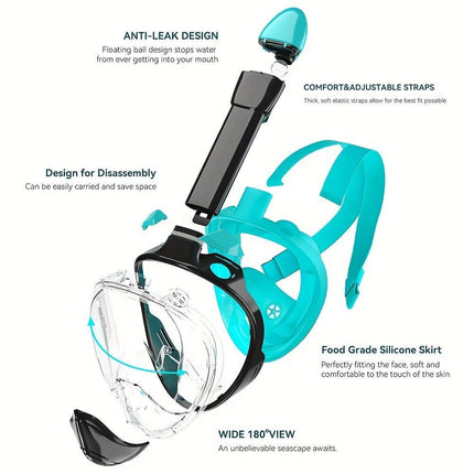 L/XL full-face silicone snorkeling mask, full-dry panoramic snorkeling mirror, camera bracket, large frame anti-leakage and anti-fog swimming mirror set, suitable for adults..