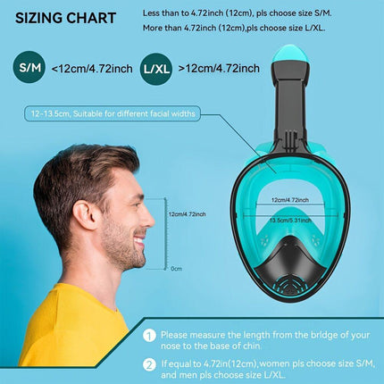 L/XL full-face silicone snorkeling mask, full-dry panoramic snorkeling mirror, camera bracket, large frame anti-leakage and anti-fog swimming mirror set, suitable for adults..