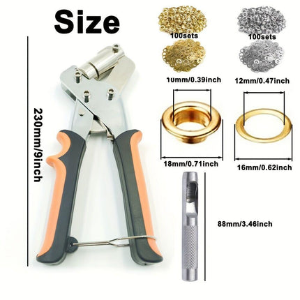 Complete eyelet punch set with 200 10mm rings - Perfect for DIY tarps, faux leather, and waterproof fabric projects, sewing and crafting essentials.
