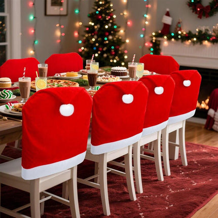 16-piece Christmas chair set-holiday red Christmas hat pattern, suitable for holiday dinners and party decorations, including 8 chair sets and 8 tableware sets, reusable, durable fabric, suitable for Christmas, New Year, Valentine's Day and party activiti.