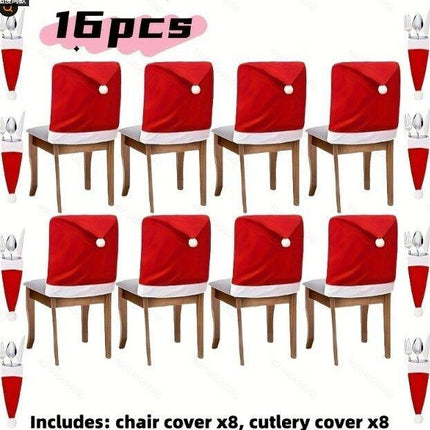 16-piece Christmas chair set-holiday red Christmas hat pattern, suitable for holiday dinners and party decorations, including 8 chair sets and 8 tableware sets, reusable, durable fabric, suitable for Christmas, New Year, Valentine's Day and party activiti.