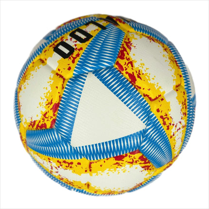 A yellow, blue and red football with color matching size5, PU fitting material, Christmas Boxing Day gift, including pump+air needle+net bag set,soccer.