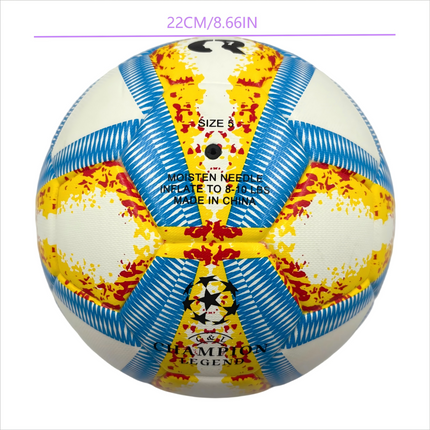 A yellow, blue and red football with color matching size5, PU fitting material, Christmas Boxing Day gift, including pump+air needle+net bag set,soccer.