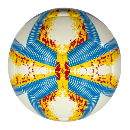 A yellow, blue and red football with color matching size5, PU fitting material, Christmas Boxing Day gift, including pump+air needle+net bag set,soccer.
