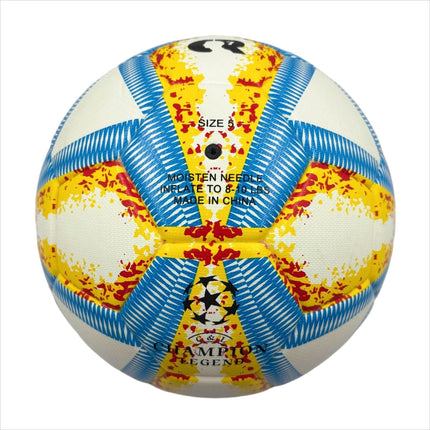 A yellow, blue and red football with color matching size5, PU fitting material, Christmas Boxing Day gift, including pump+air needle+net bag set,soccer.