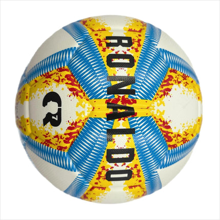 A yellow, blue and red football with color matching size5, PU fitting material, Christmas Boxing Day gift, including pump+air needle+net bag set,soccer.