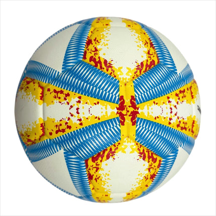 A yellow, blue and red football with color matching size5, PU fitting material, Christmas Boxing Day gift, including pump+air needle+net bag set,soccer.