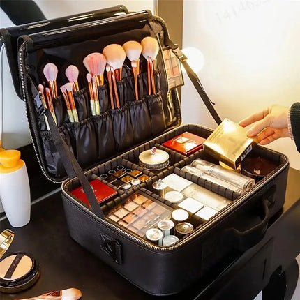 **Large Waterproof Makeup Organizer: Adjustable Dividers, Detachable Brush Holder, Multi-Compartment Design, Portable & Moisture-Resistant, Professional Cosmetic Storage Case**.
