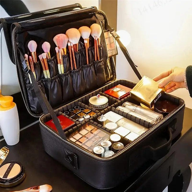 **Large Waterproof Makeup Organizer: Adjustable Dividers, Detachable Brush Holder, Multi-Compartment Design, Portable & Moisture-Resistant, Professional Cosmetic Storage Case**.