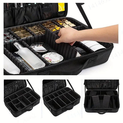 **Large Waterproof Makeup Organizer: Adjustable Dividers, Detachable Brush Holder, Multi-Compartment Design, Portable & Moisture-Resistant, Professional Cosmetic Storage Case**.