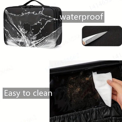 **Large Waterproof Makeup Organizer: Adjustable Dividers, Detachable Brush Holder, Multi-Compartment Design, Portable & Moisture-Resistant, Professional Cosmetic Storage Case**.