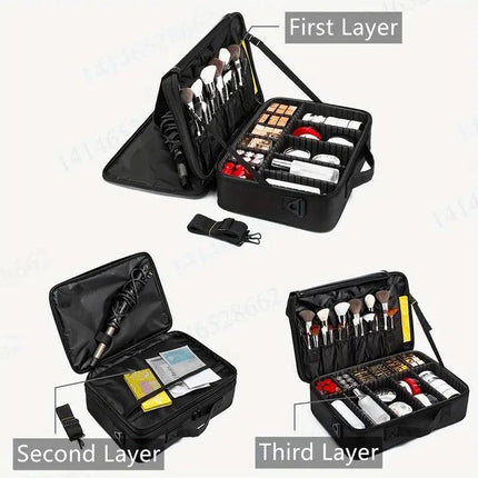 **Large Waterproof Makeup Organizer: Adjustable Dividers, Detachable Brush Holder, Multi-Compartment Design, Portable & Moisture-Resistant, Professional Cosmetic Storage Case**.