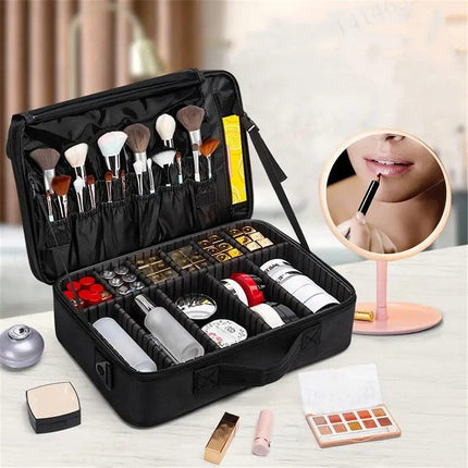 **Large Waterproof Makeup Organizer: Adjustable Dividers, Detachable Brush Holder, Multi-Compartment Design, Portable & Moisture-Resistant, Professional Cosmetic Storage Case**.