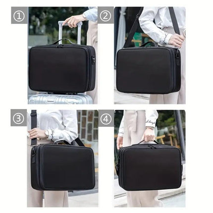 **Large Waterproof Makeup Organizer: Adjustable Dividers, Detachable Brush Holder, Multi-Compartment Design, Portable & Moisture-Resistant, Professional Cosmetic Storage Case**.