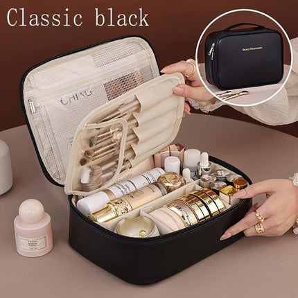 High-capacity multi-layer travel makeup organizer, featuring removable compartments and a brush holder—a portable beauty case, elegantly painted storage box, designed as a standalone unit, no assembly required.（BLACK）.